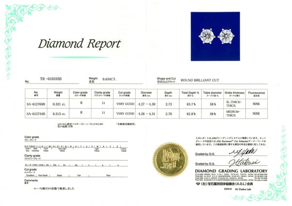 ダイヤモンド プラチナピアス(計0.6カラット/HカラーUP/I1/GoodUP/スタッド/4月誕生石/グレーディングレポート付き)《JEPD1261》