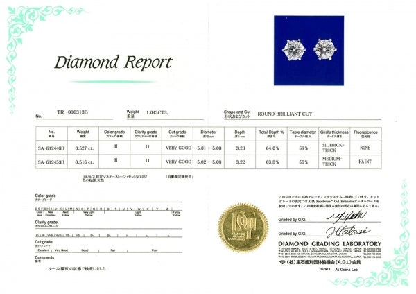 ダイヤモンド プラチナピアス(計1.0カラット/HカラーUP/I1/GoodUP/スタッド/4月誕生石/グレーディングレポート付き)《JEPD1262》