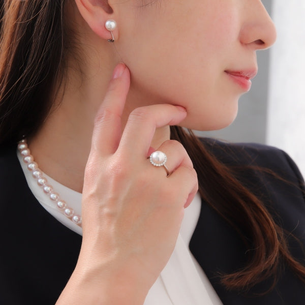 パール/ダイヤモンド プラチナリング(花珠/アコヤ真珠/8.5mmUP/取り巻き/6月誕生石/花珠鑑別鑑定書付き)《JRGQ1280》