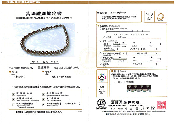 パール シルバーネックレス(黒蝶真珠/オーロララグーン /8.0mm~10.0mm台/6月誕生石/真珠鑑別鑑定書付き)《JNKQ1219》