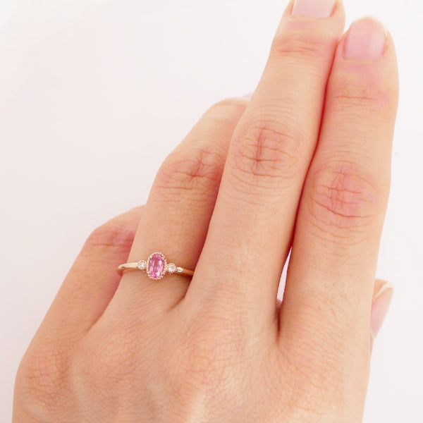 ピンクスピネル/ダイヤモンド K18リング(オーバル/ミル打ち/8月誕生石)《WRGN3668》