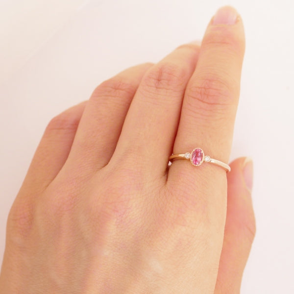 ピンクスピネル/ダイヤモンド K18リング(オーバル/ミル打ち/8月誕生石)《WRGN3668》