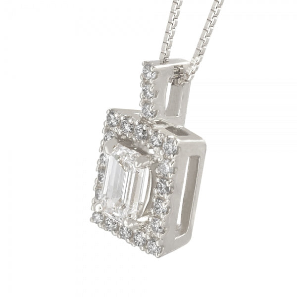 ダイヤモンド プラチナネックレス(0.3カラット/Dカラー/VVS1/エメラルドカット/一粒/取り巻き/4月誕生石/GIAグレーディングレポート付き)《WPDD3753》