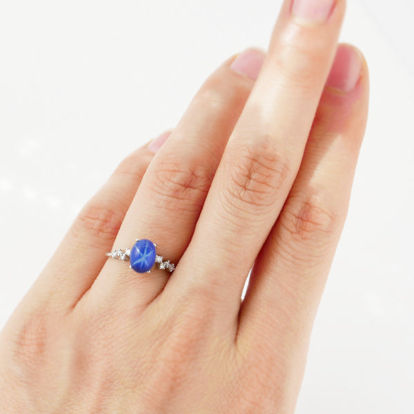 スターサファイア/ダイヤモンド K18リング(クレサンベール/カボションカット/9月誕生石)《WRGF3138》