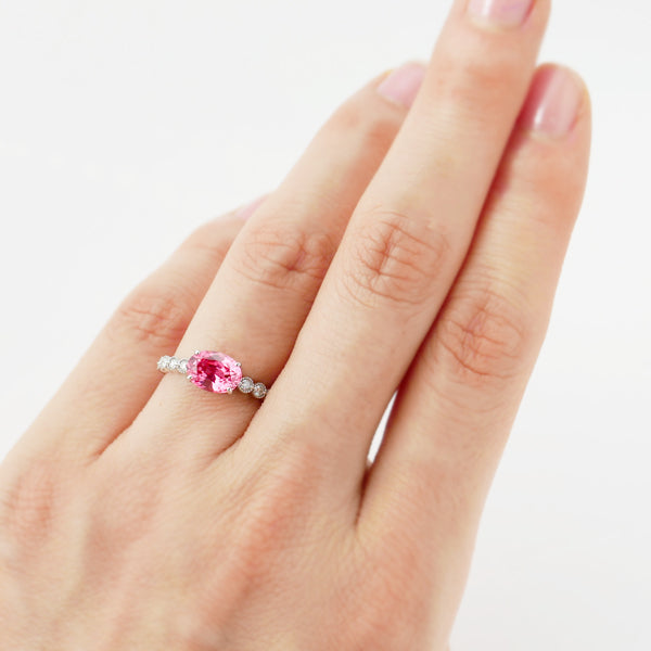 パパラチアサファイア/ダイヤモンド K18リング(クレサンベール/オーバル/ミル打ち/9月誕生石)《WRGP3139》