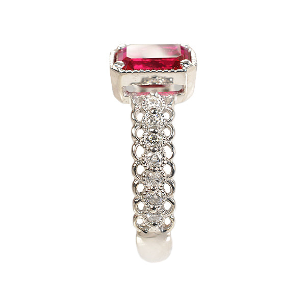 ルビー/ダイヤモンド K18リング(クレサンベール/エメラルドカット/アンティーク風/7月誕生石)《WRGR2636》