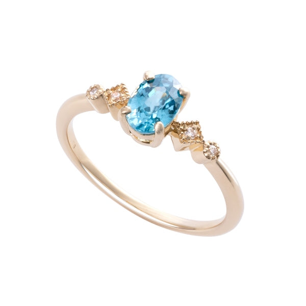 ブルージルコン/ダイヤモンド K18リング(オーバル/ミル打ち/12月誕生石)《KRGN0015》