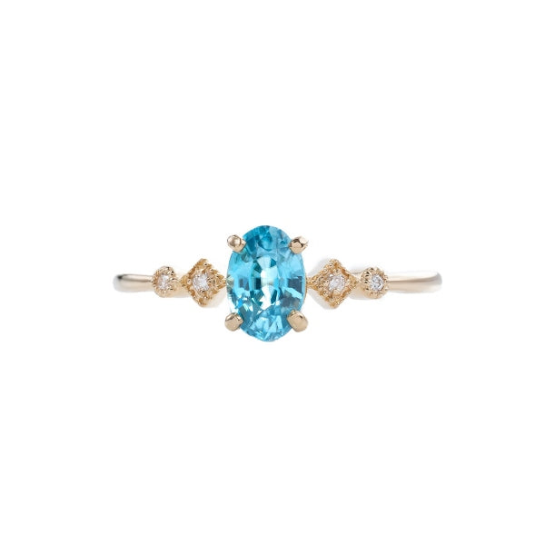 ブルージルコン/ダイヤモンド K18リング(オーバル/ミル打ち/12月誕生石)《KRGN0015》