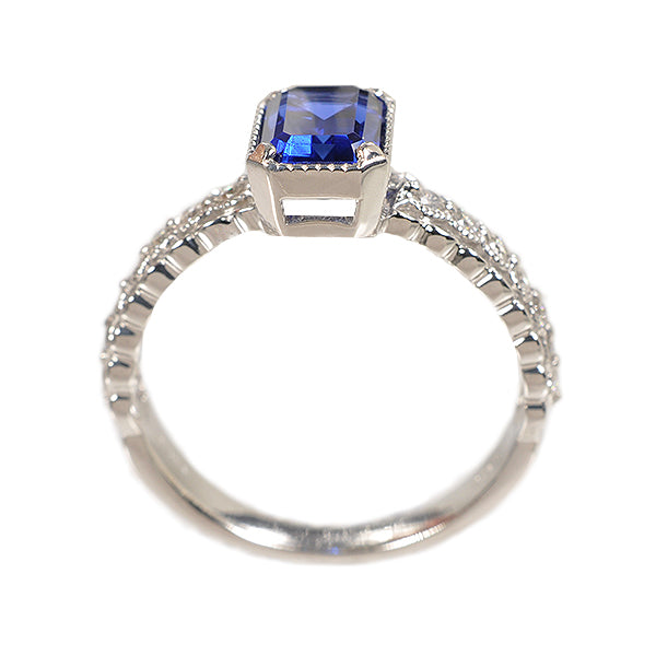 ブルーサファイア/ダイヤモンド K18リング(クレサンベール/エメラルドカット/アンティーク風/9月誕生石)《WRGS2636》