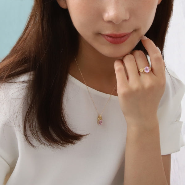 クンツァイト/ダイヤモンド K18リング(オーバル/ミル打ち/エアリー/9月誕生石)《WRGN4161》