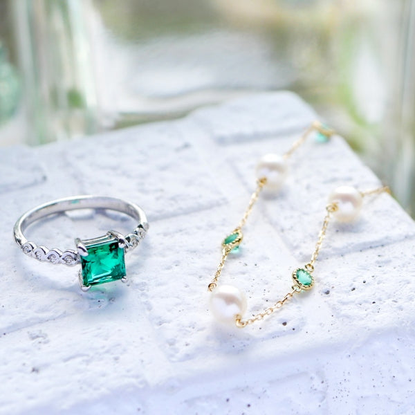 エメラルド/ダイヤモンド K18リング(クレサンベール/プリンセス/5月誕生石)《WRGE3142》