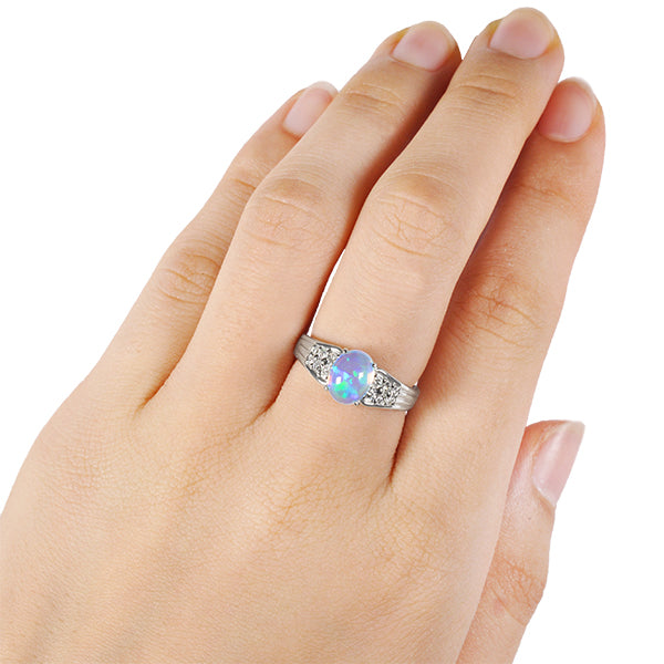 ウォーターオパール/ダイヤモンド PTリング(クレサンベール/カボションカット/10月誕生石)《BRGW7495》
