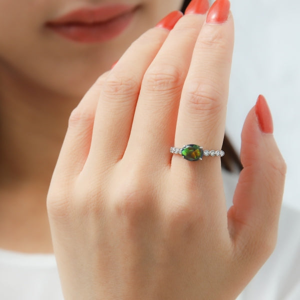 ブラックオパール/ダイヤモンド K18リング(クレサンベール/オーバル/ミル打ち/10月誕生石)