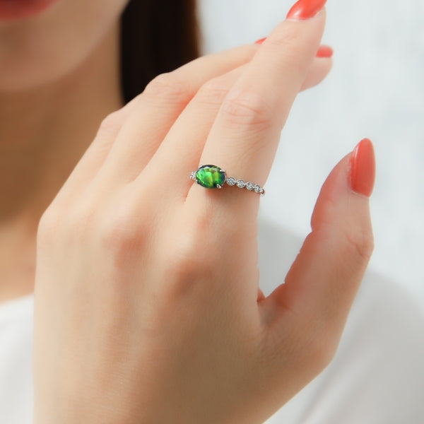 ブラックオパール/ダイヤモンド K18リング(クレサンベール/オーバル/ミル打ち/10月誕生石)