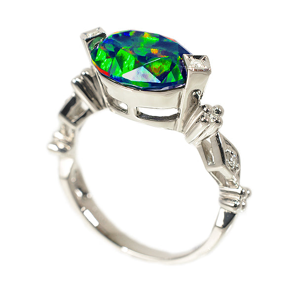 ブラックオパール/ダイヤモンド PTリング(クレサンベール/オーバル/10月誕生石)