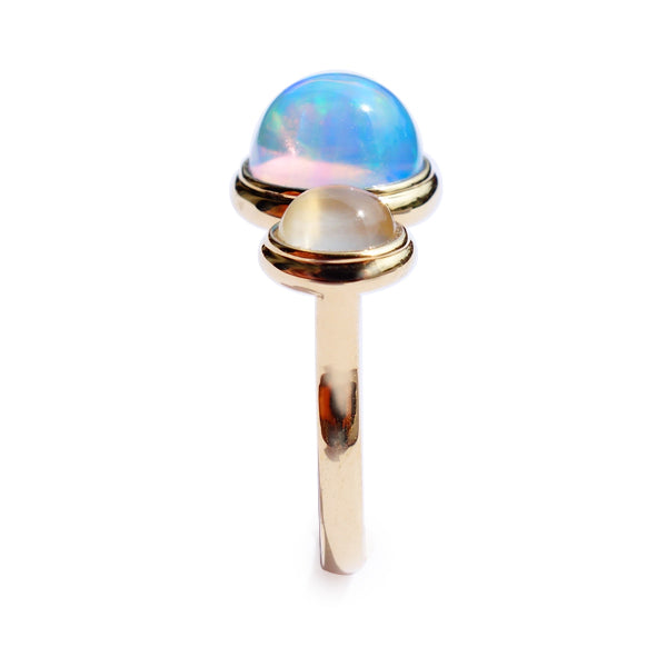 ウォーターオパール/ムーンストーン K18リング(クレサンベール/カボションカット/10月誕生石)《WRGW2975》