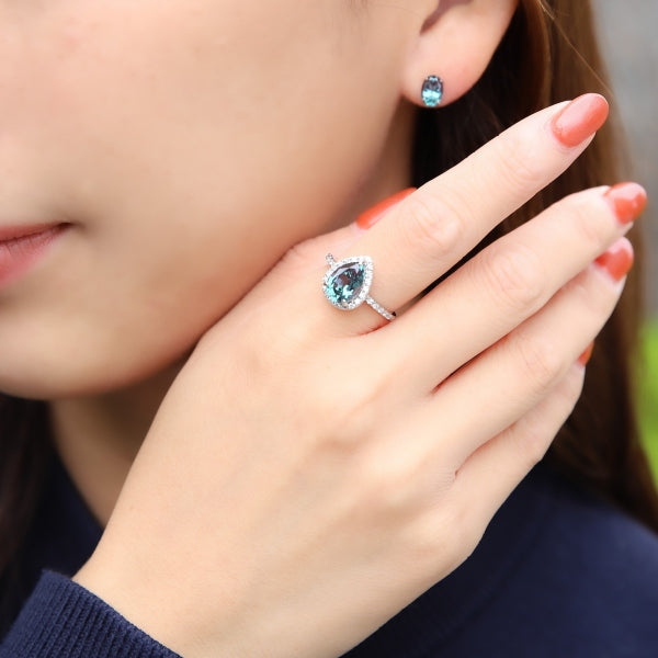 アレキサンドライト/ダイヤモンド プラチナリング(クレサンベール/ペアシェイプ/取り巻き/6月誕生石)《WRGA4102》