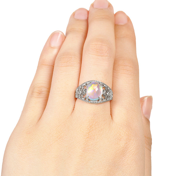 ウォーターオパール/ダイヤモンド プラチナリング(クレサンベール/カボションカット/アンティーク風/10月誕生石)《WRGW2702》