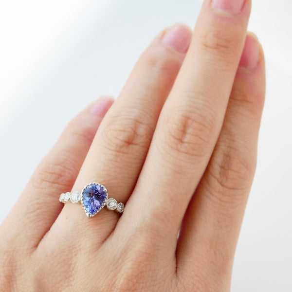 タンザナイト/ダイヤモンド PTリング(ペアシェイプ/ミル打ち/12月誕生石)《WRGN3343》