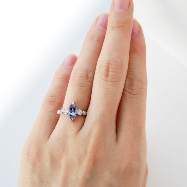 タンザナイト/ダイヤモンド PTリング(マーキス/ミル打ち/12月誕生石)《WRGN3338》