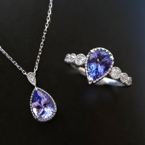 タンザナイト/ダイヤモンド PTリング(ペアシェイプ/ミル打ち/12月誕生石)《WRGN3343》