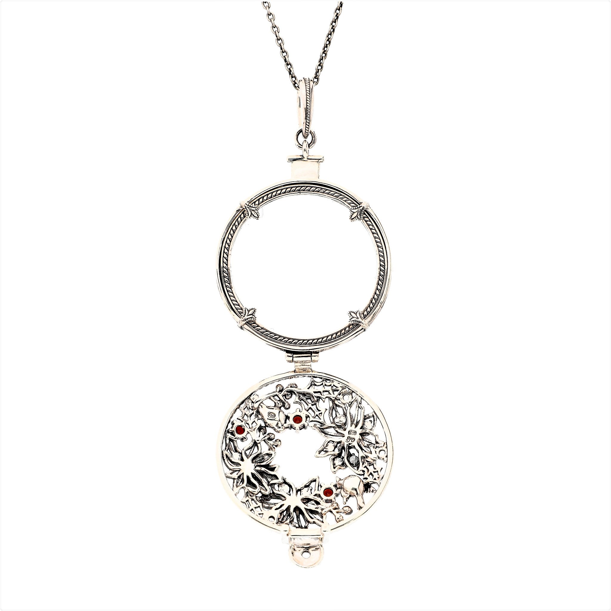 ガーネット/ホワイトトパーズ シルバーネックレス(ルーペ付き/70cm/ロング/1月誕生石)《23T10329》