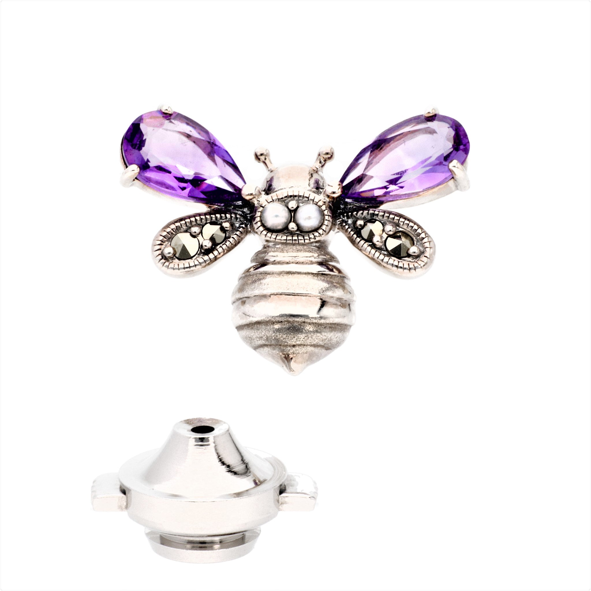 アメシスト/パール シルバーブローチ(淡水真珠/ミツバチモチーフ/2月誕生石)《24T10107》