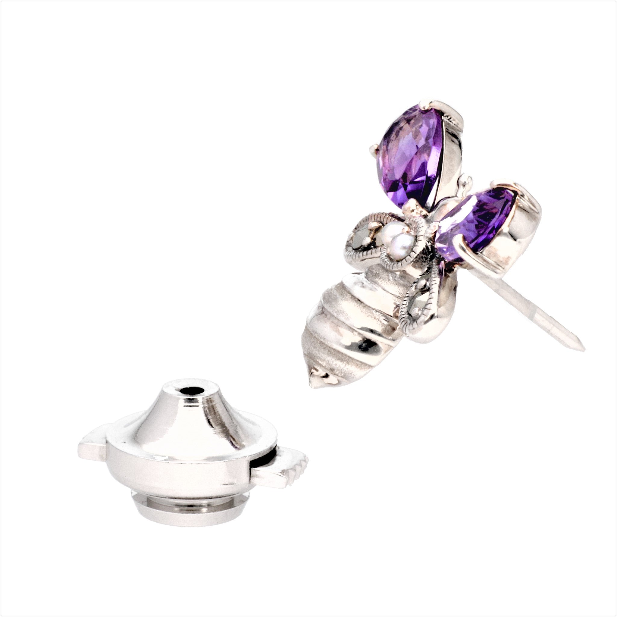 アメシスト/パール シルバーブローチ(淡水真珠/ミツバチモチーフ/2月誕生石)《24T10107》