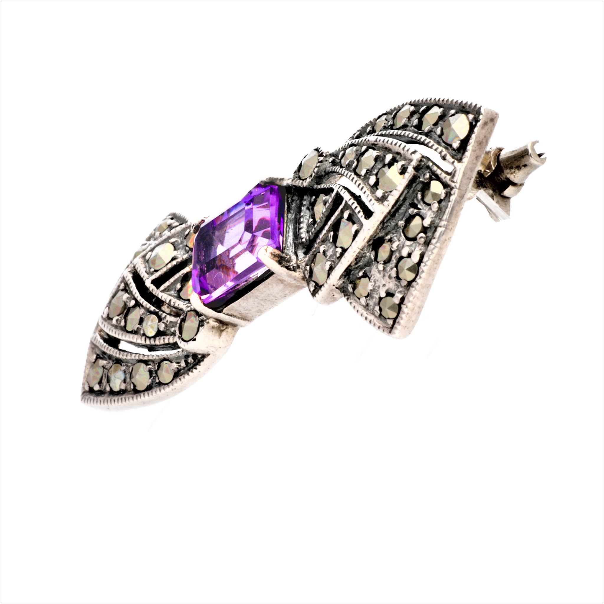 アメシスト/マルカジット シルバーブローチ(リボンモチーフ/2月誕生石)《24T10108》