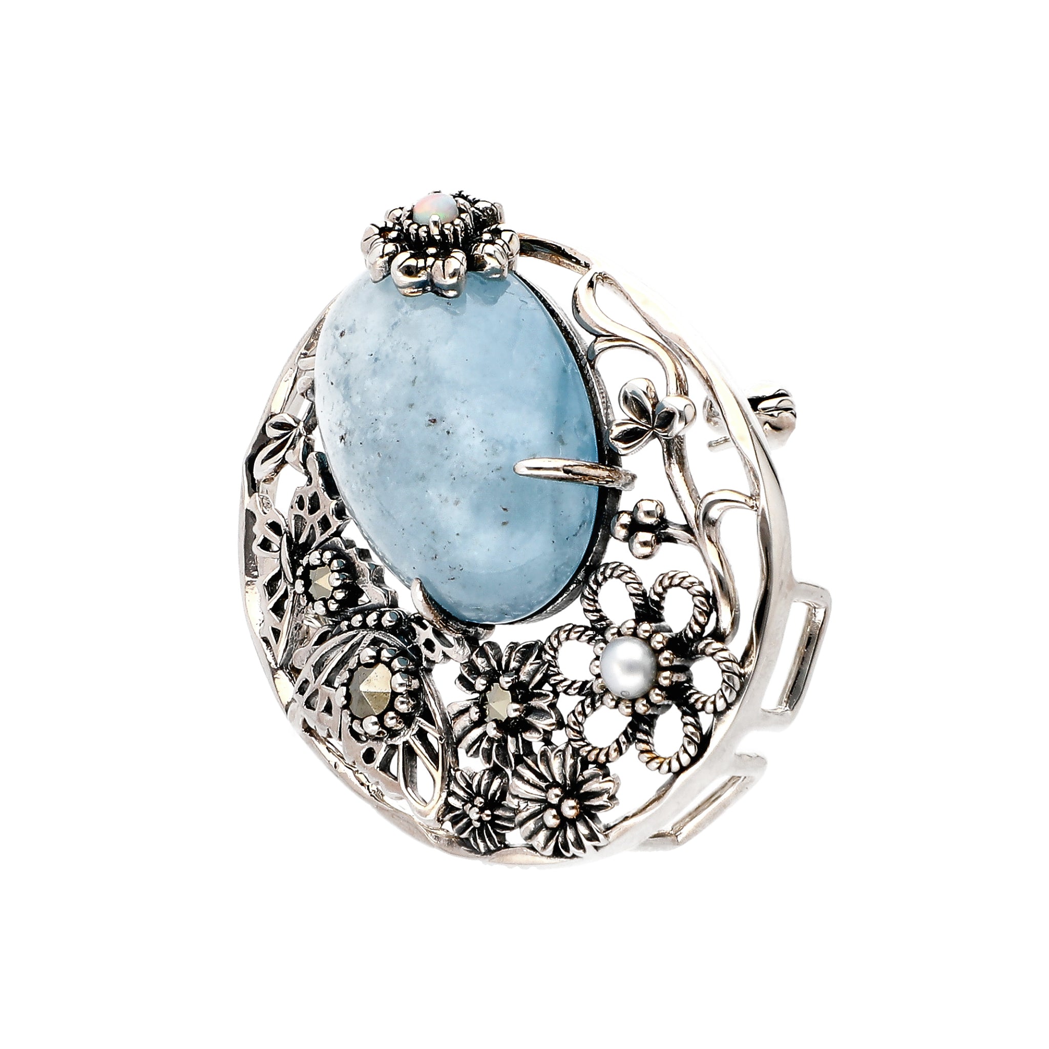 アクアマリン/オパール シルバーブローチ兼ペンダントトップ(11.0カラット/3月誕生石)《24T10123》