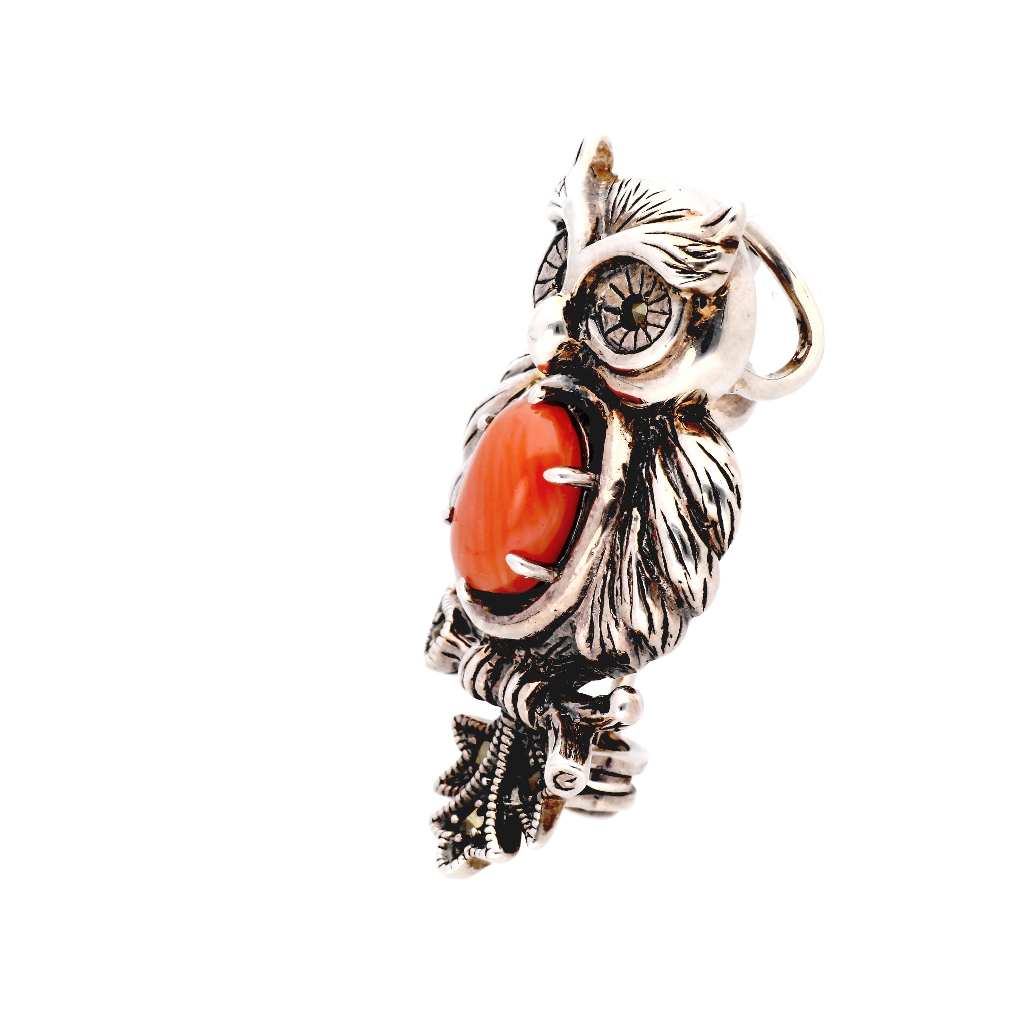珊瑚(さんご)/マルカジット シルバーブローチ兼ペンダント(フクロウモチーフ/3月誕生石)《24T10129》
