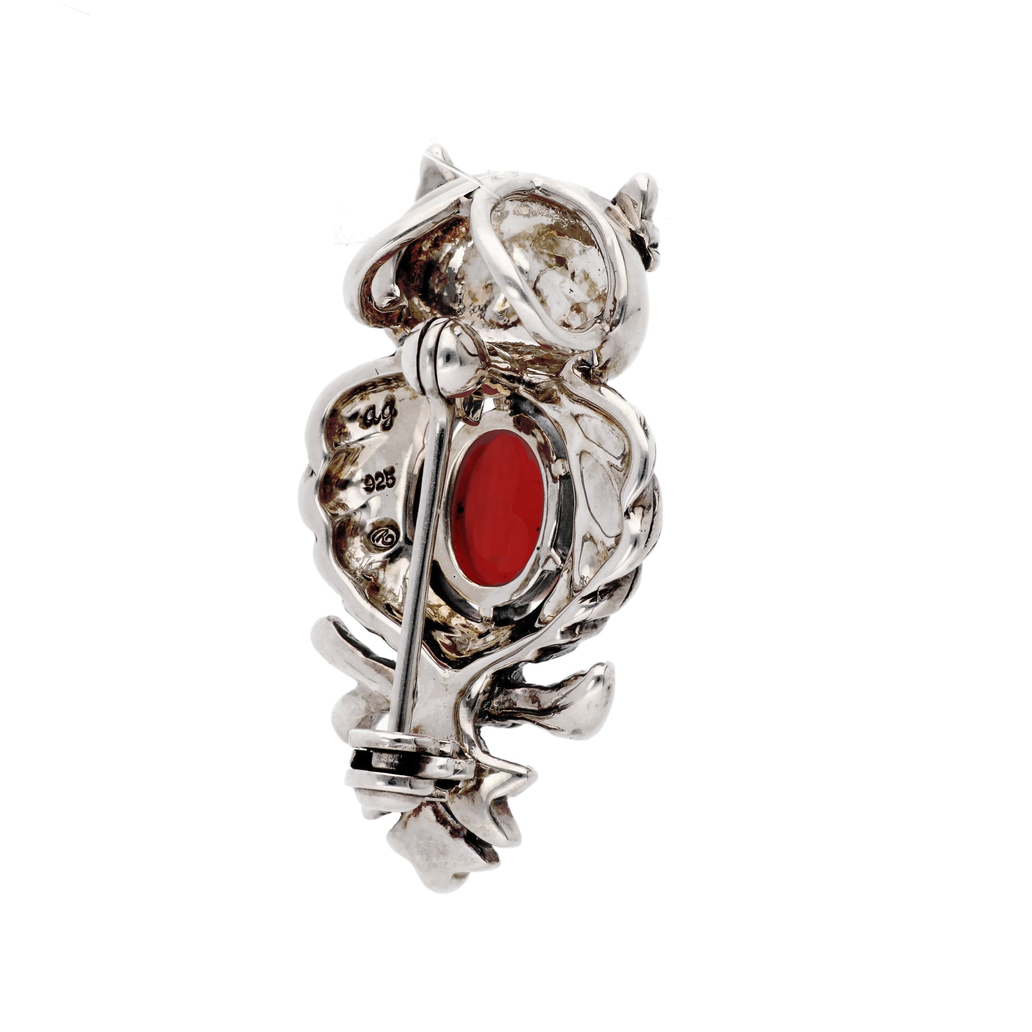 珊瑚(さんご)/マルカジット シルバーブローチ兼ペンダント(フクロウモチーフ/3月誕生石)《24T10129》