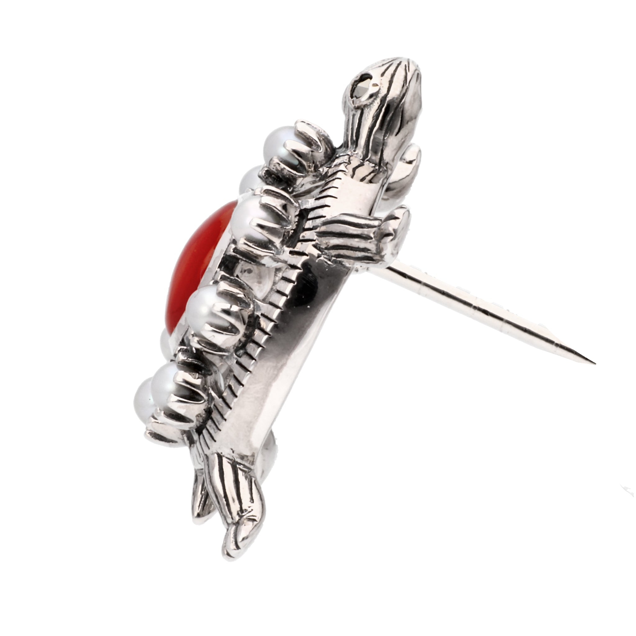 珊瑚(さんご)/パール シルバーブローチ(淡水真珠/カメモチーフ/3月誕生石)《24T10130》