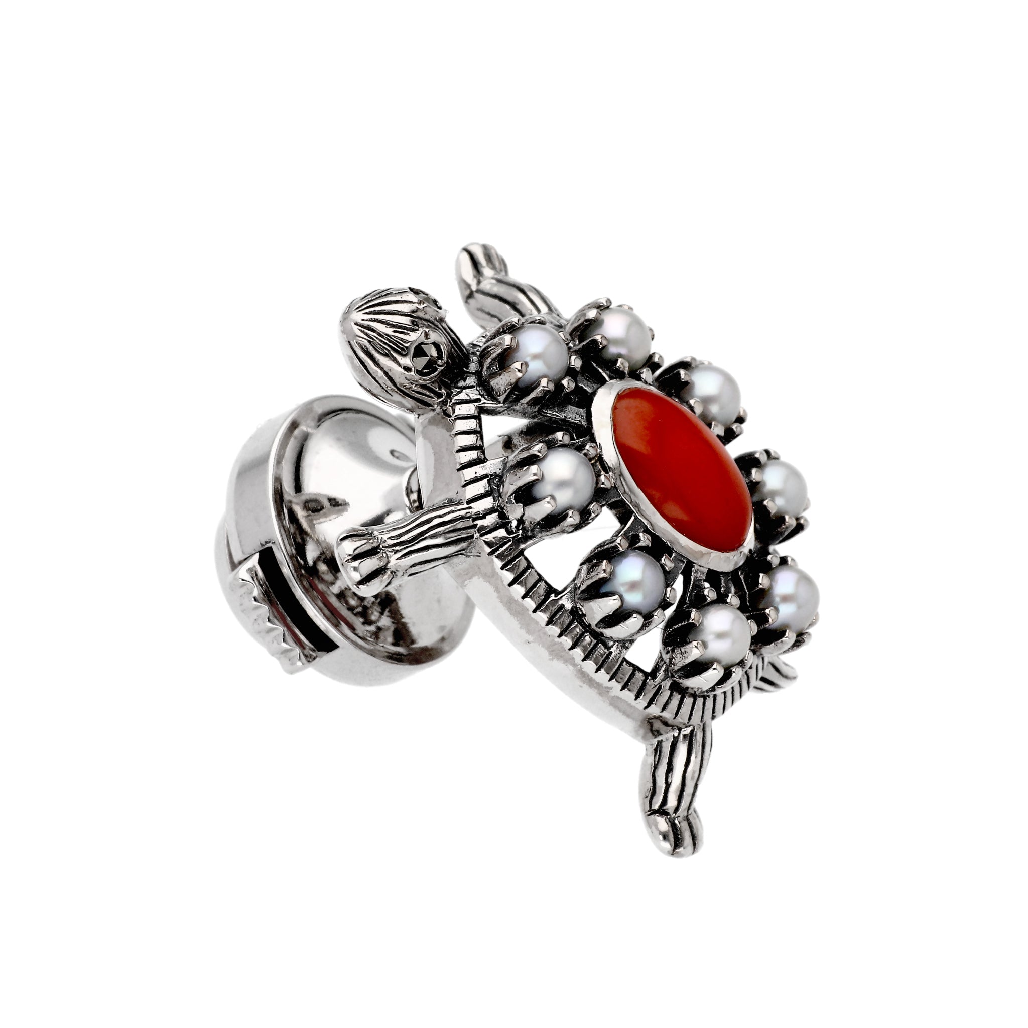 珊瑚(さんご)/パール シルバーブローチ(淡水真珠/カメモチーフ/3月誕生石)《24T10130》