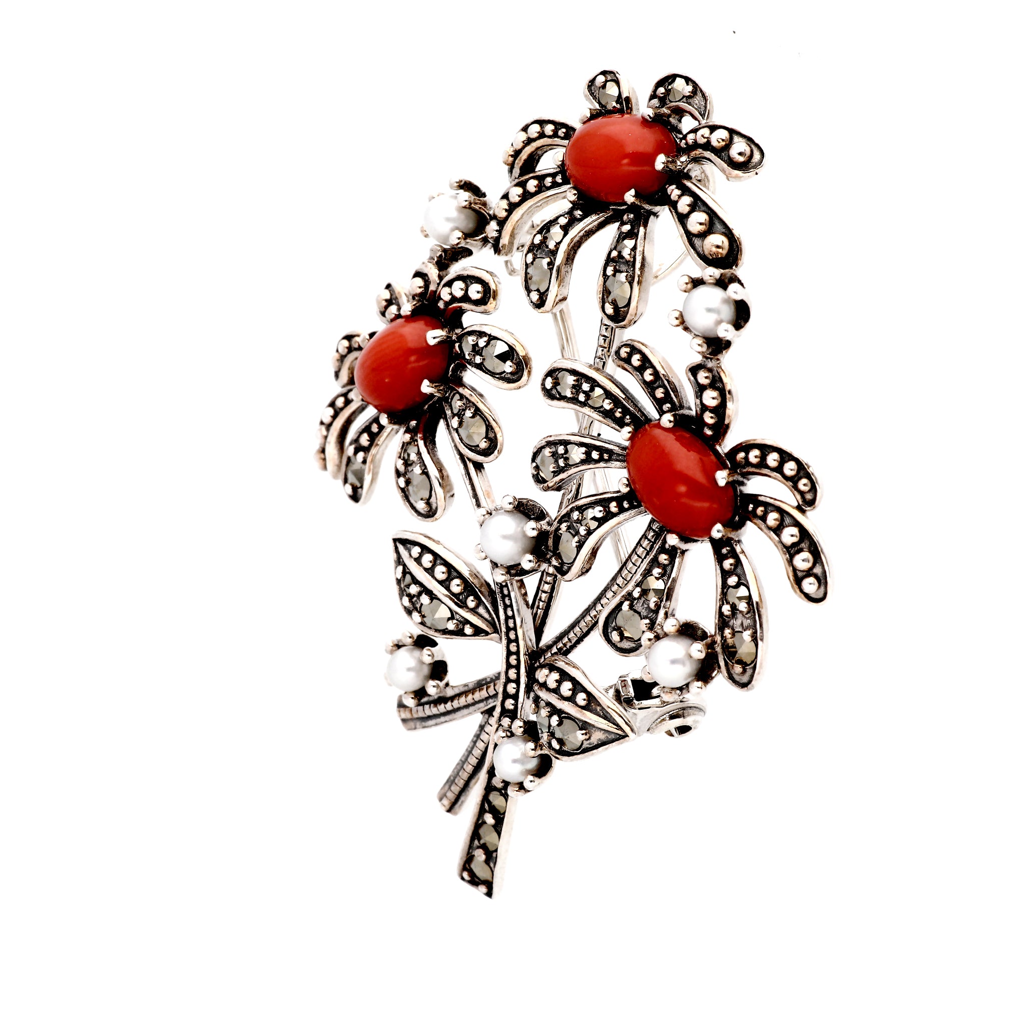 珊瑚(さんご)/パール シルバーブローチ(淡水真珠/フラワーモチーフ/3月誕生石)《24T10131》