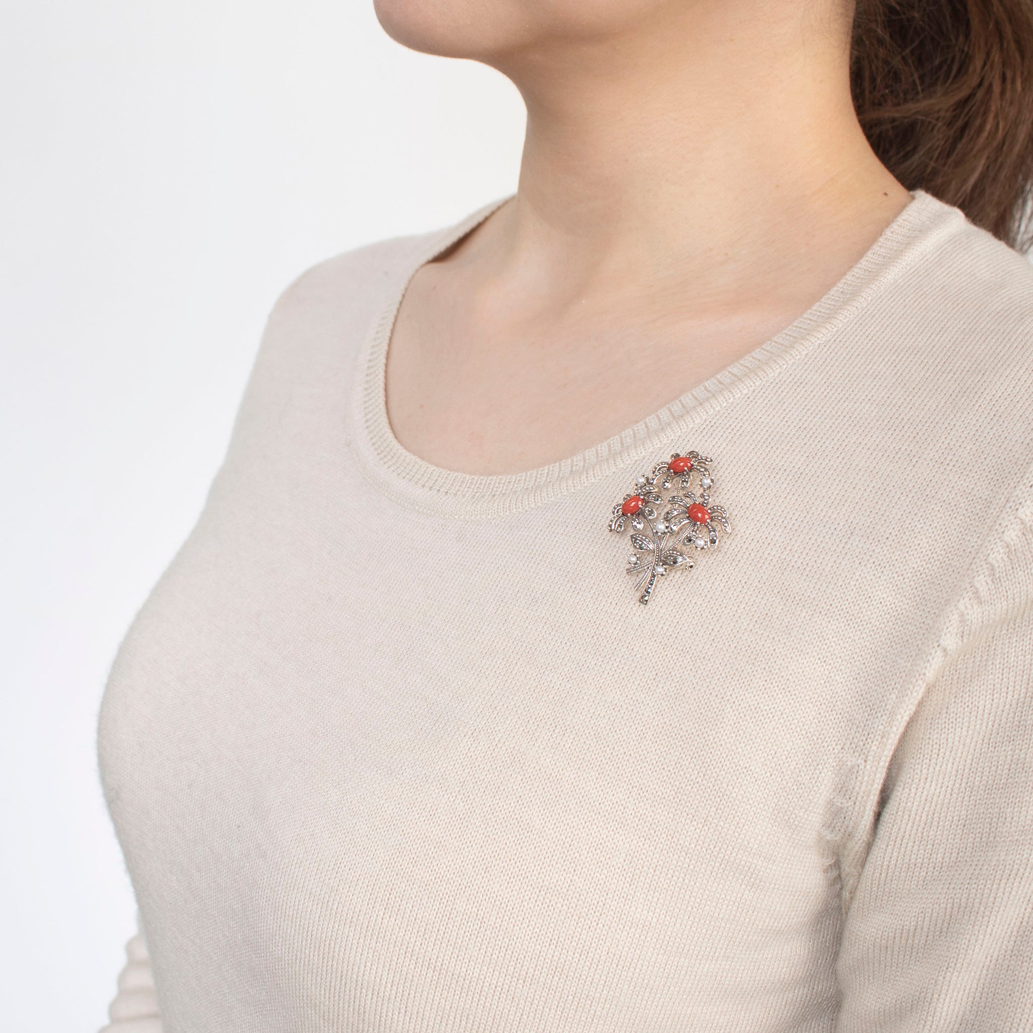 珊瑚(さんご)/パール シルバーブローチ(淡水真珠/フラワーモチーフ/3月誕生石)《24T10131》