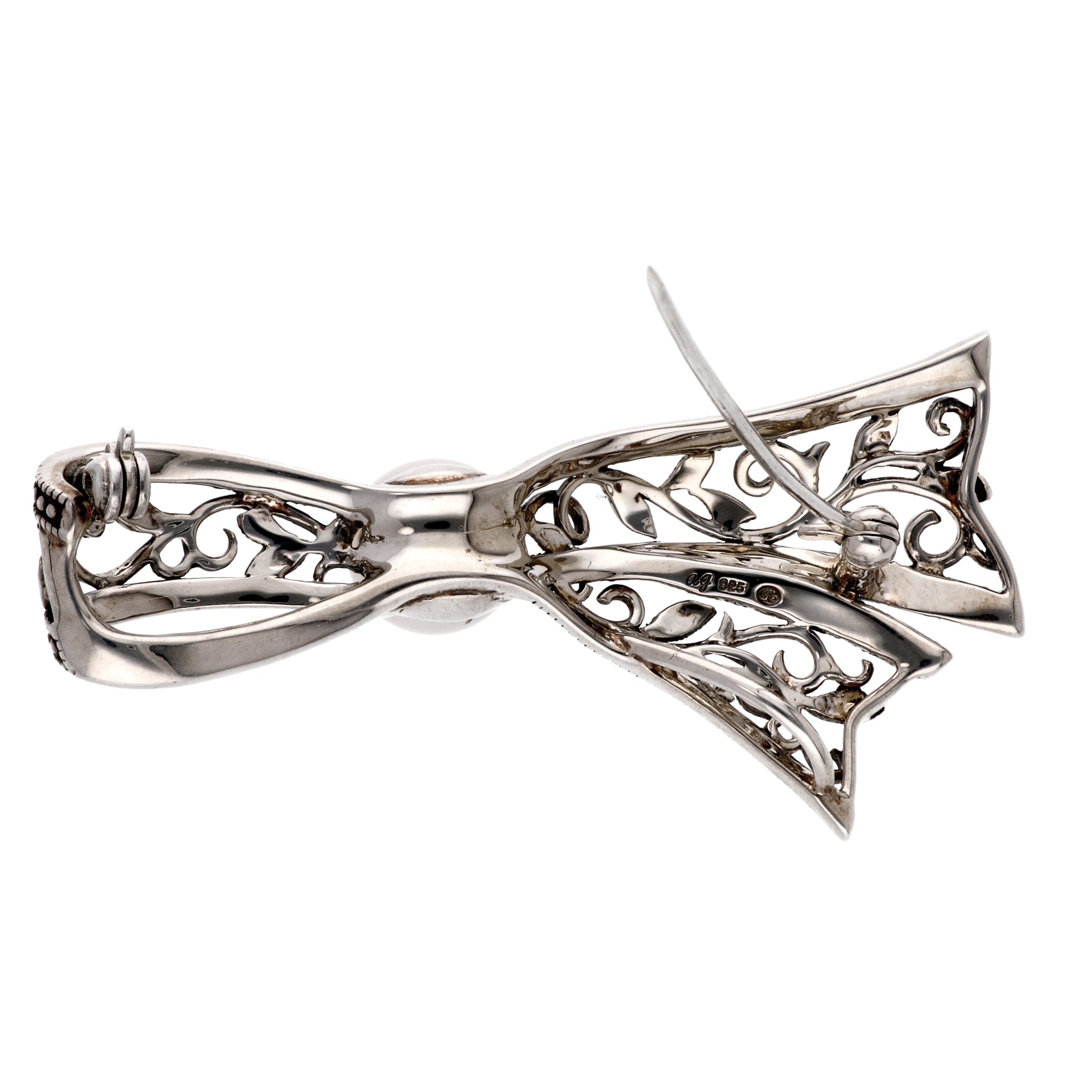 パール シルバーブローチ兼ペンダントトップ(淡水真珠/リボンモチーフ/6月誕生石)《24T10184》