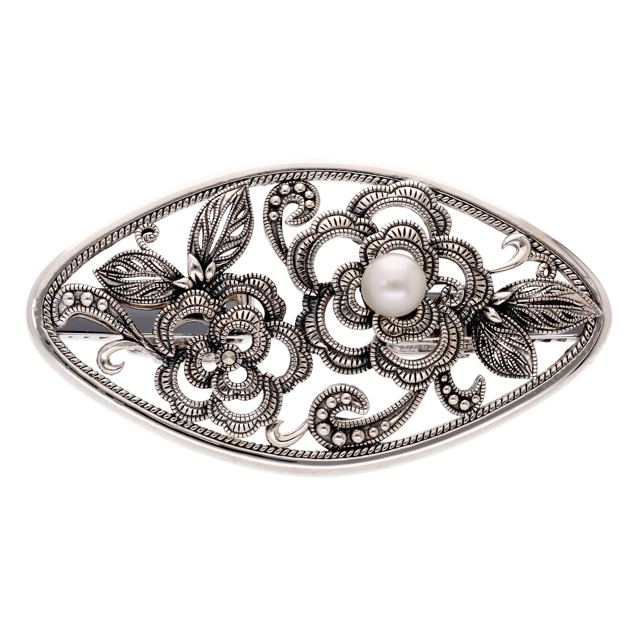 パール/マルカジット シルバーカーディガンクリップ(淡水真珠/フラワーモチーフ/6月誕生石)《24T10186》