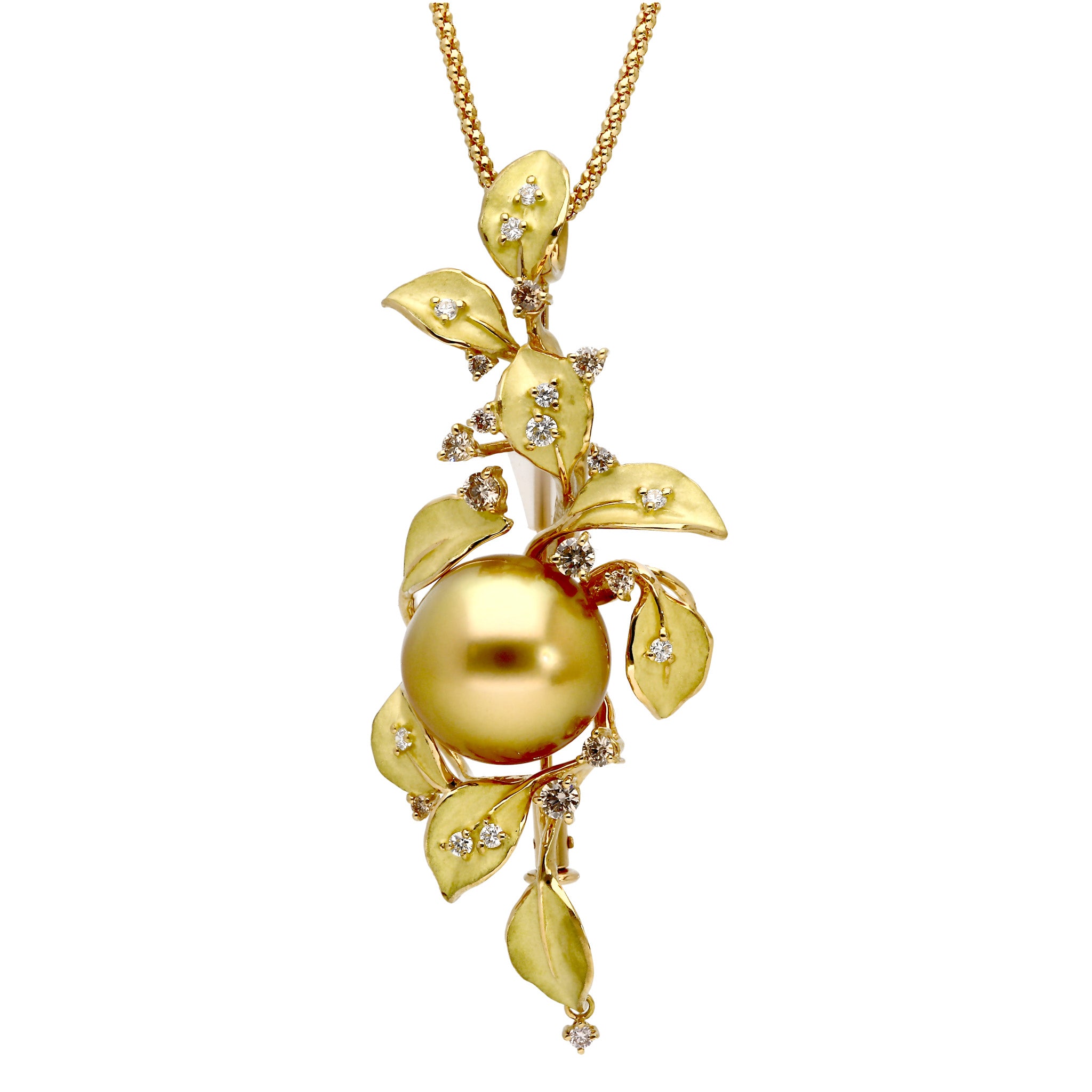 パール/ダイヤモンド K18ネックレス(白蝶真珠/13mm/リーフモチーフ/6月誕生石/鑑別書付)《25H00601》