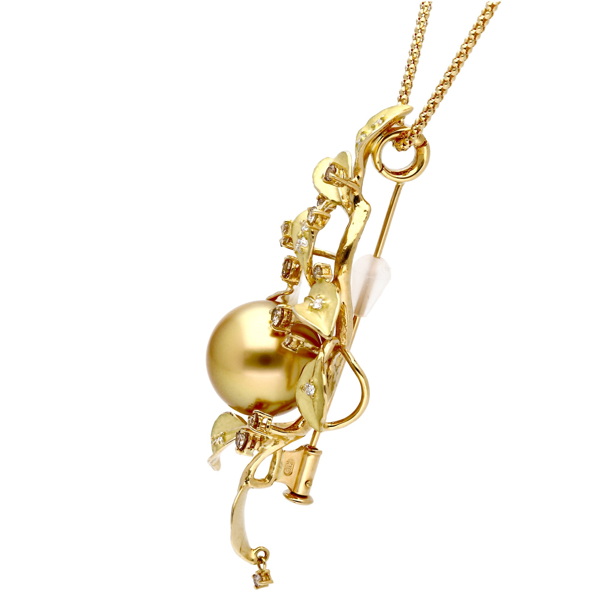 パール/ダイヤモンド K18ネックレス(白蝶真珠/13mm/リーフモチーフ/6月誕生石/鑑別書付)《25H00601》