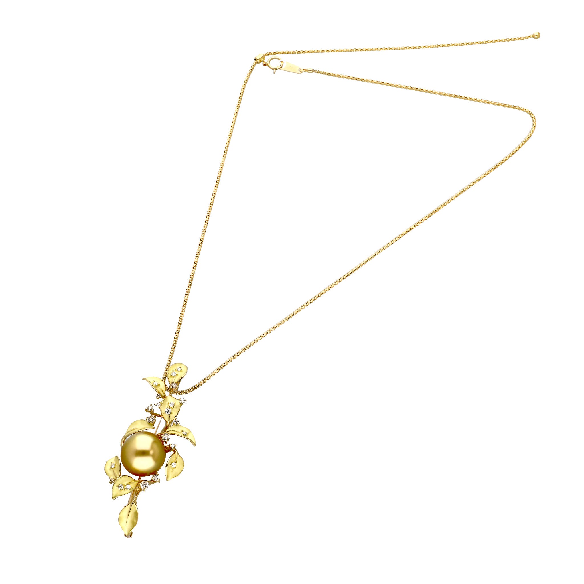 パール/ダイヤモンド K18ネックレス(白蝶真珠/13mm/リーフモチーフ/6月誕生石/鑑別書付)《25H00601》