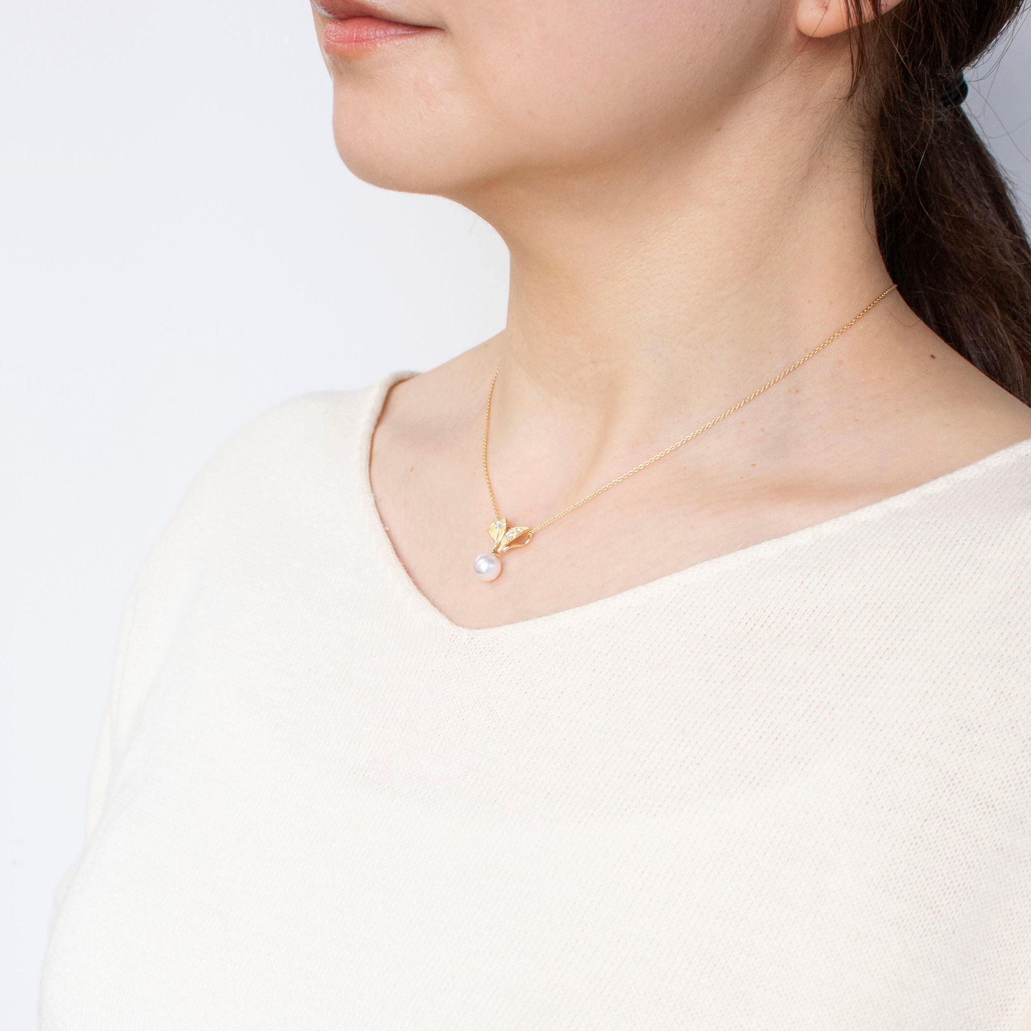 パール/ダイヤモンド K18ネックレス(アコヤ真珠/7mm/リーフモチーフ/6月誕生石/鑑別書付)《25H00602》