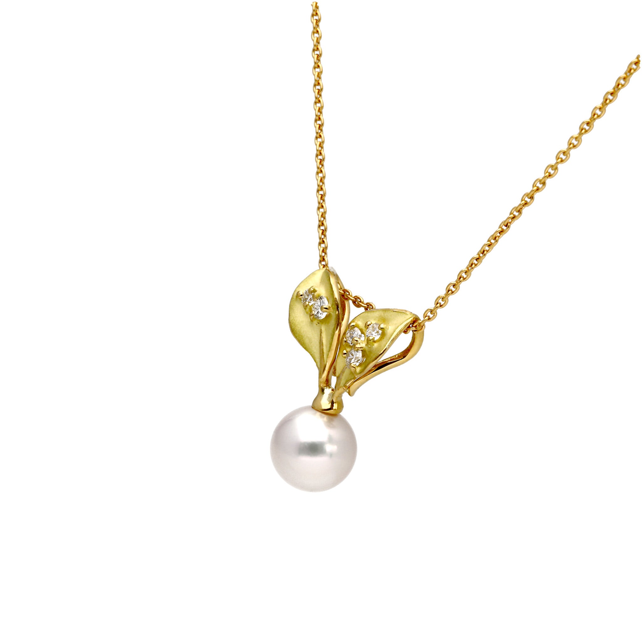 パール/ダイヤモンド K18ネックレス(アコヤ真珠/7mm/リーフモチーフ/6月誕生石/鑑別書付)《25H00602》