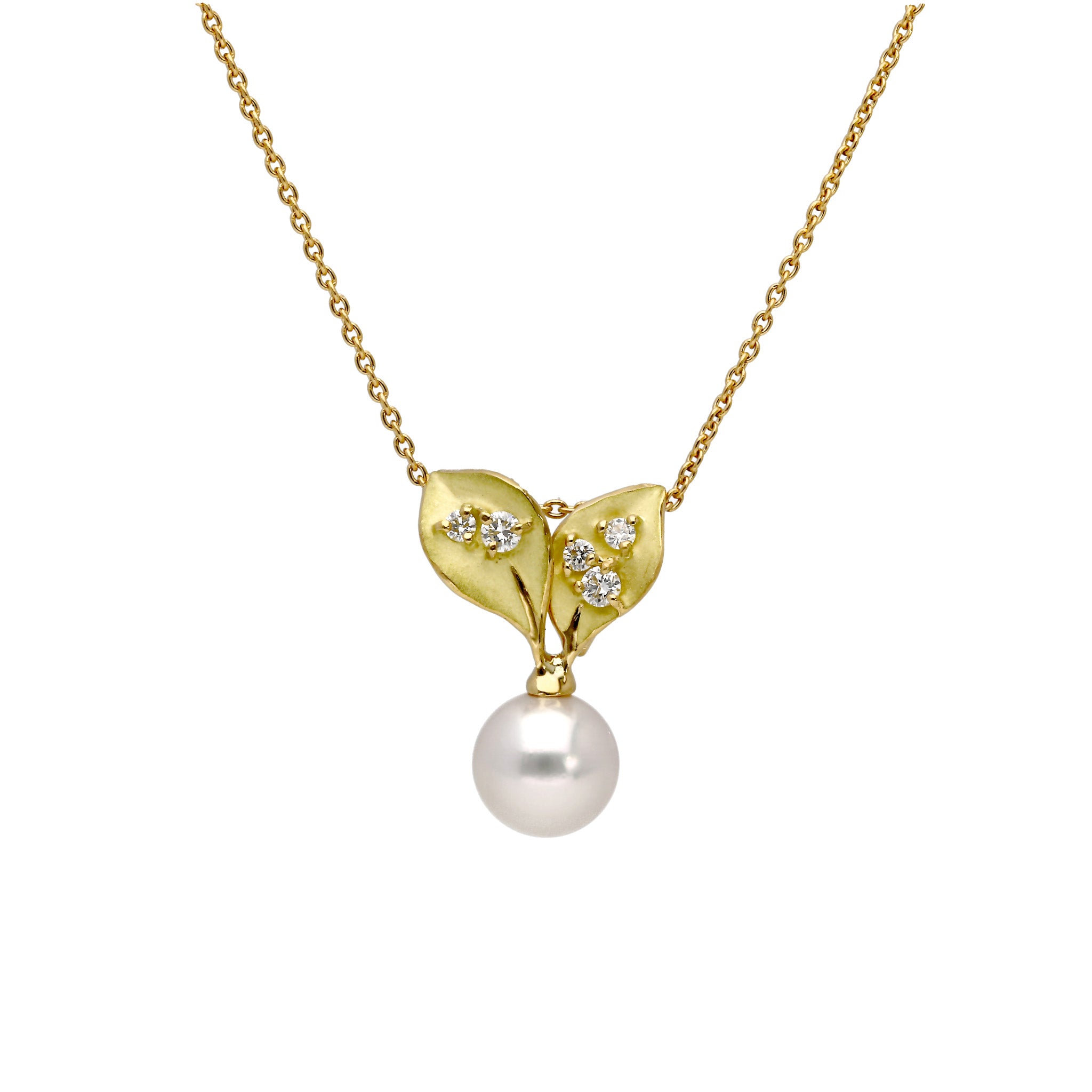 パール/ダイヤモンド K18ネックレス(アコヤ真珠/7mm/リーフモチーフ/6月誕生石/鑑別書付)《25H00602》