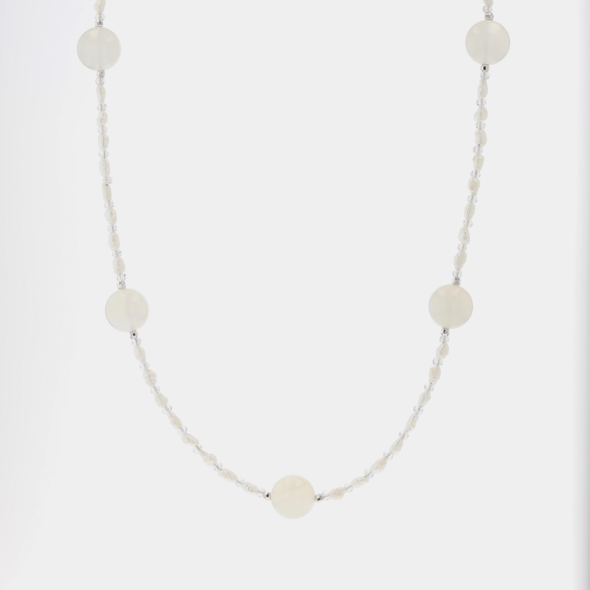 ムーンストーン/パール シルバーネックレス(淡水真珠/2~2.5mm/ロング/70cm)《25H00810》