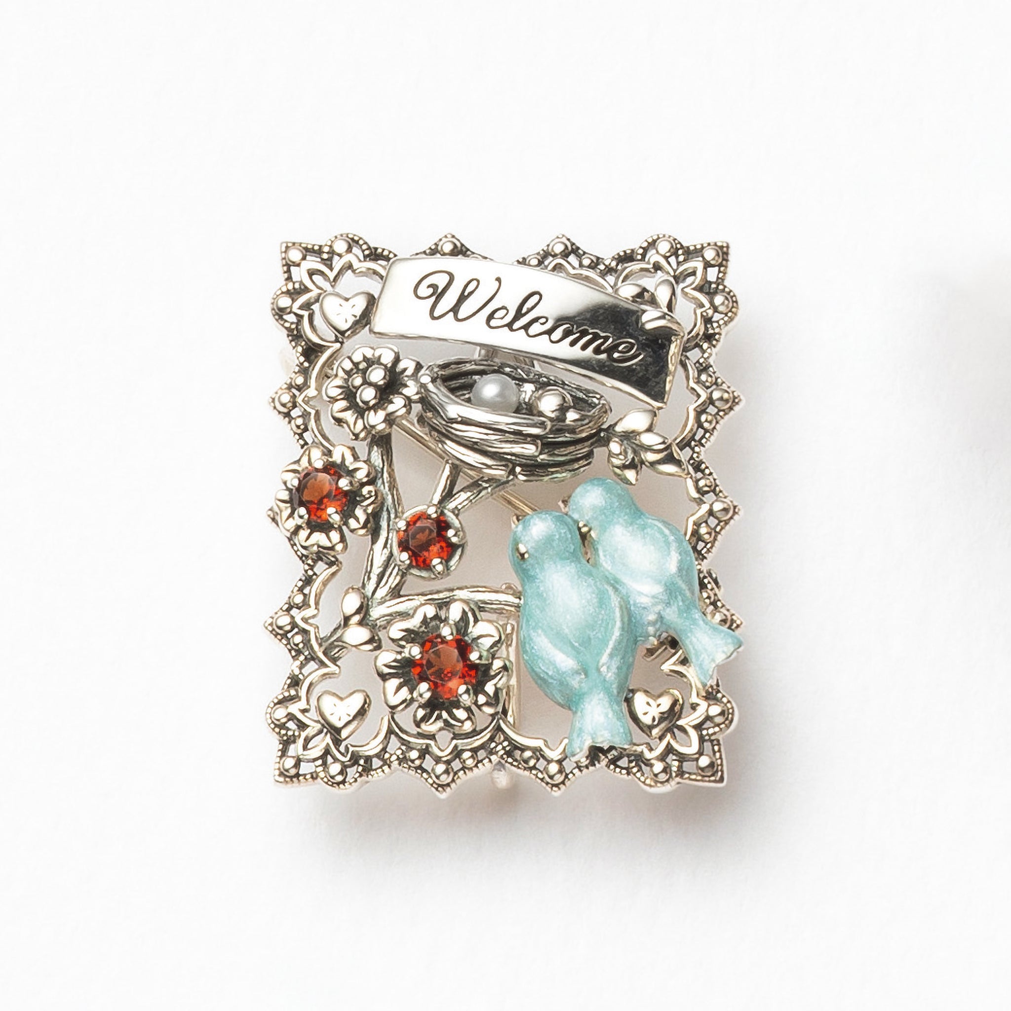 エナメル/ガーネット シルバーブローチ兼ペンダントトップ(青い鳥モチーフ)《25H01001》