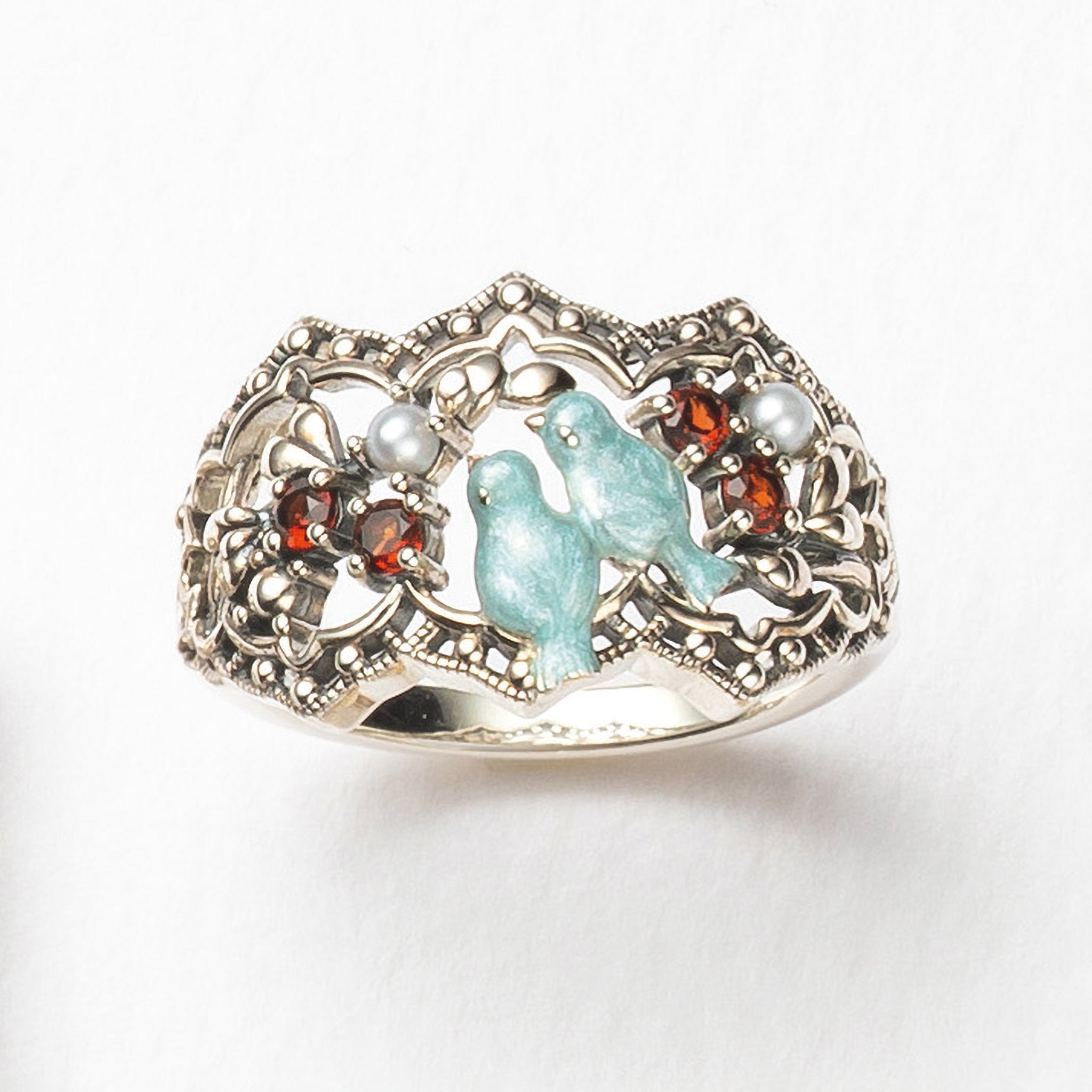 エナメル/ガーネット シルバーリング(青い鳥モチーフ)《25H01002》