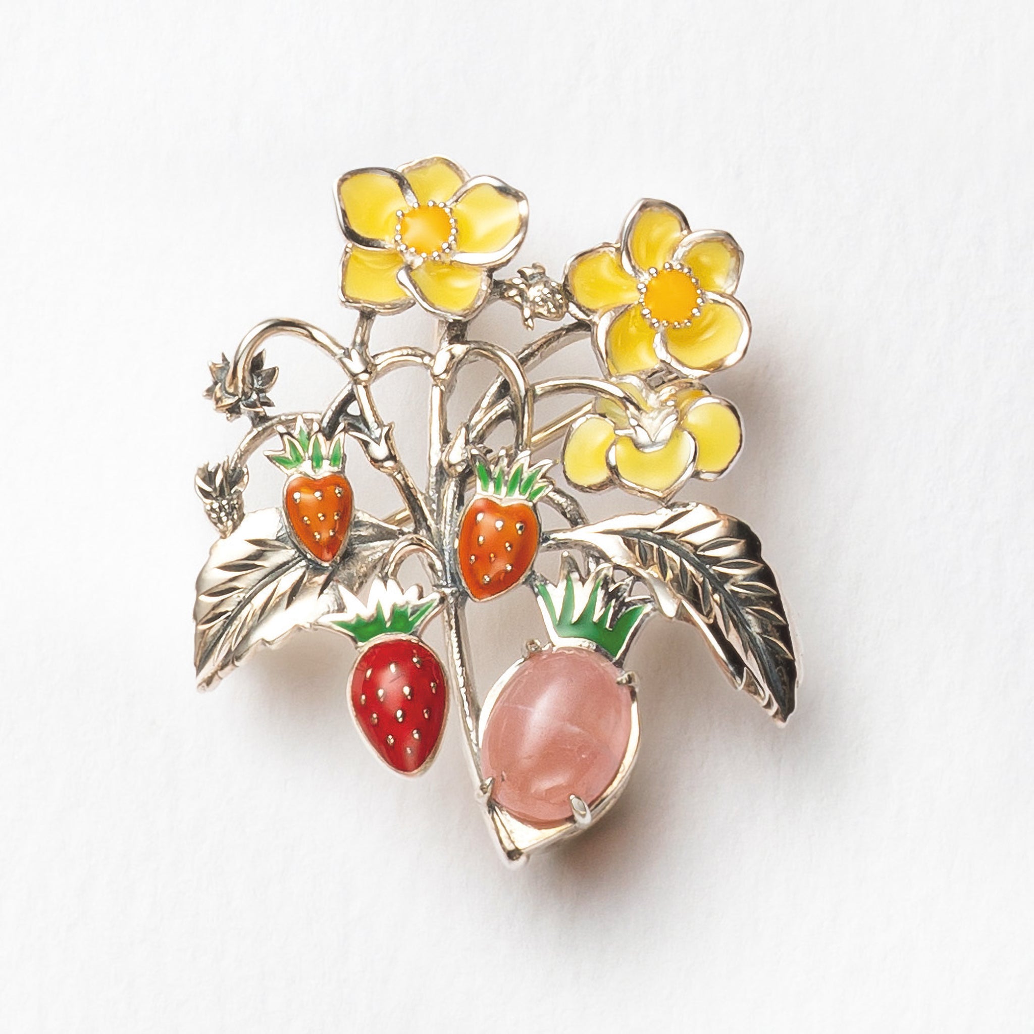 エナメル/ロードクロサイト シルバーブローチ兼ペンダントトップ(イチゴモチーフ)《25H01003》