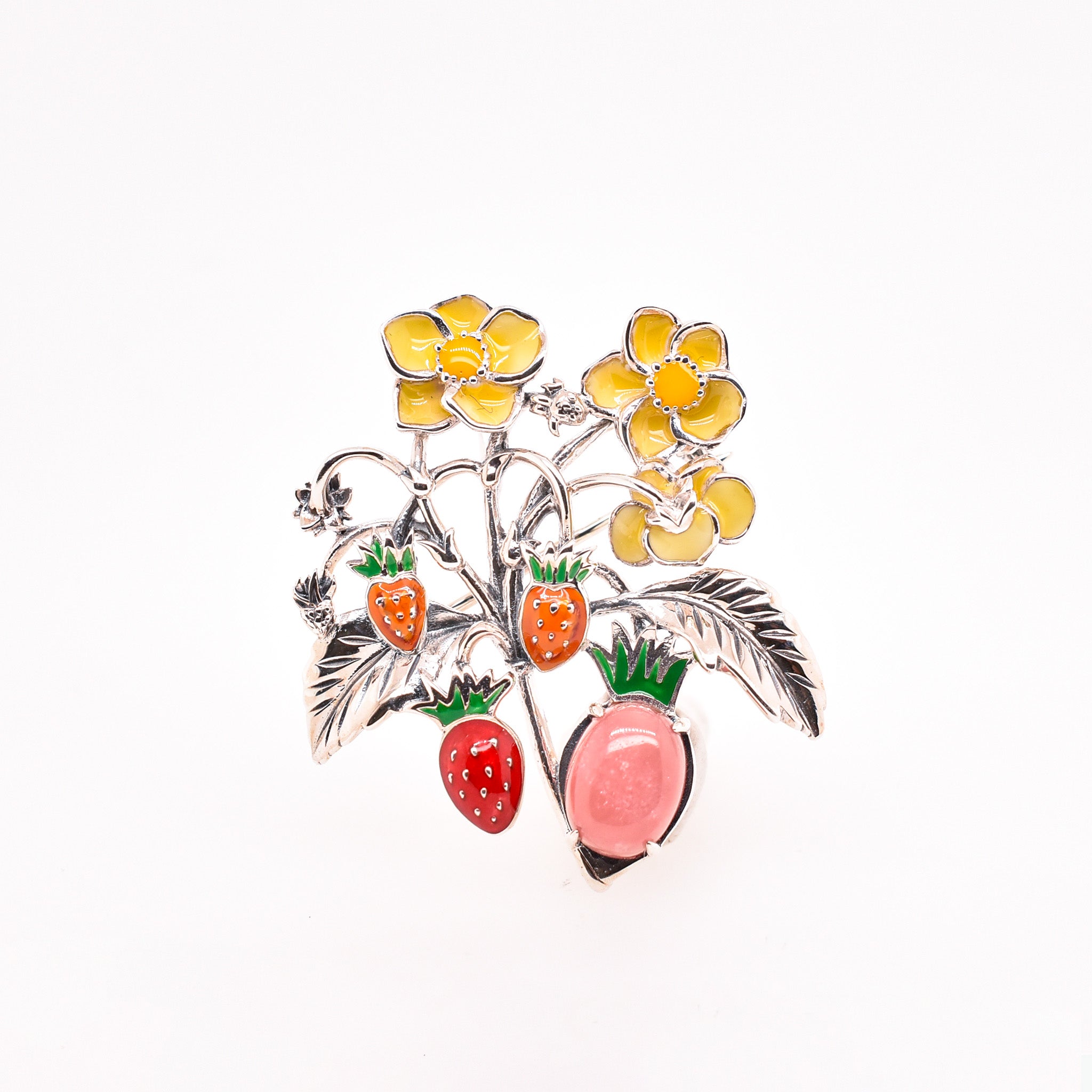 エナメル/ロードクロサイト シルバーブローチ兼ペンダントトップ(イチゴモチーフ)《25H01003》