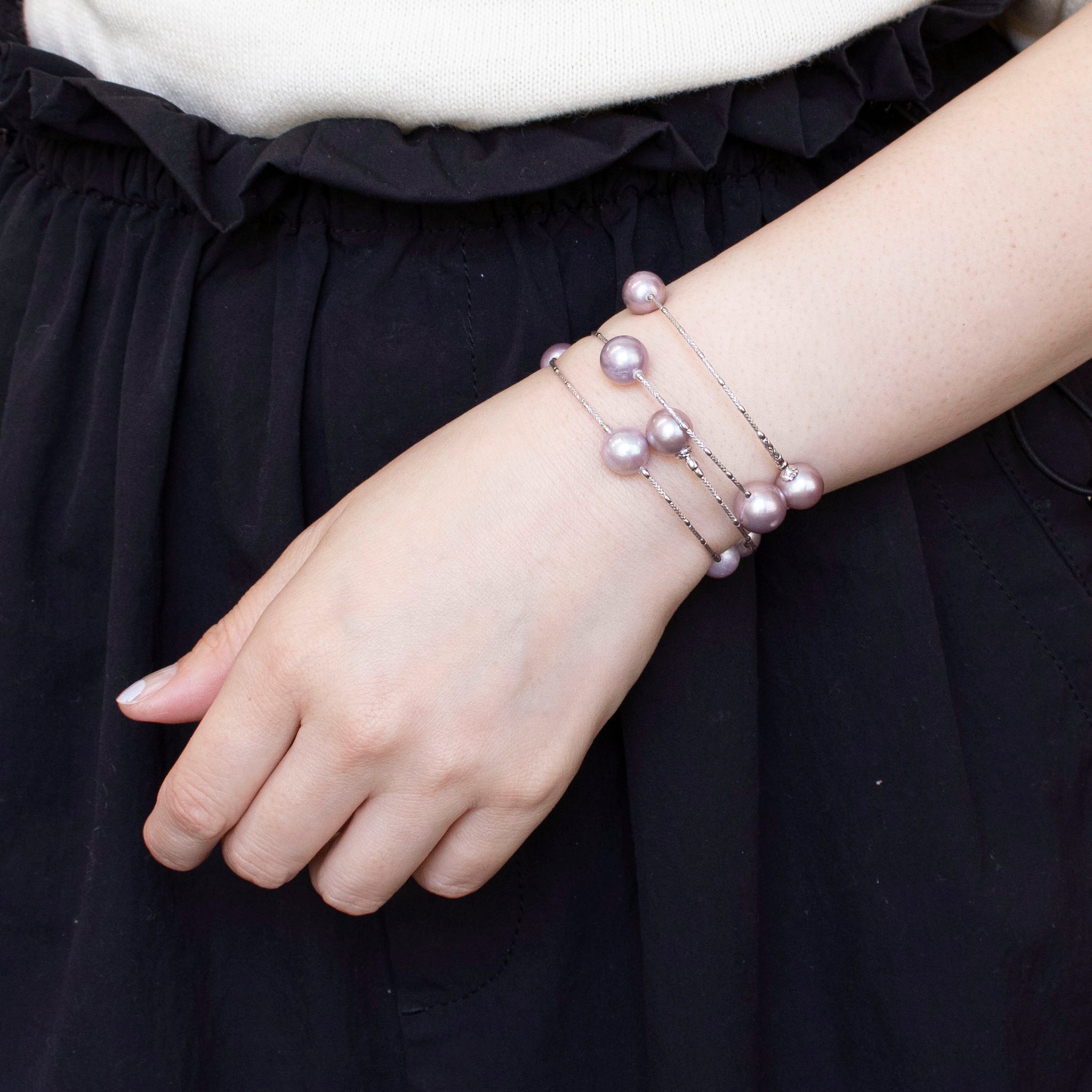 パール K18ブレスレット(淡水真珠/9mm・10mm/パープル系/形状記憶/フリーサイズ/6月誕生石)《25H01105》